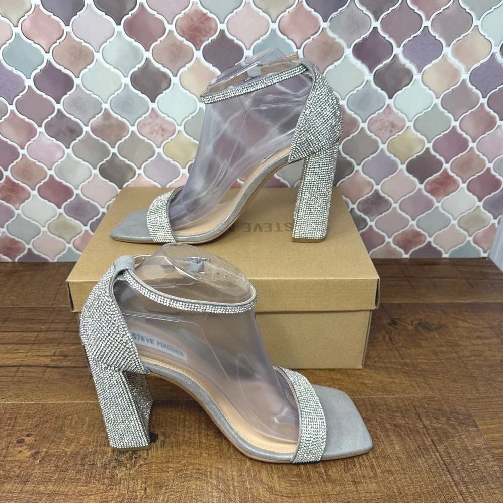 Steve Madden TIAA-R Rhinestone Block Heels Silver‎ 9.5 w/ Box
